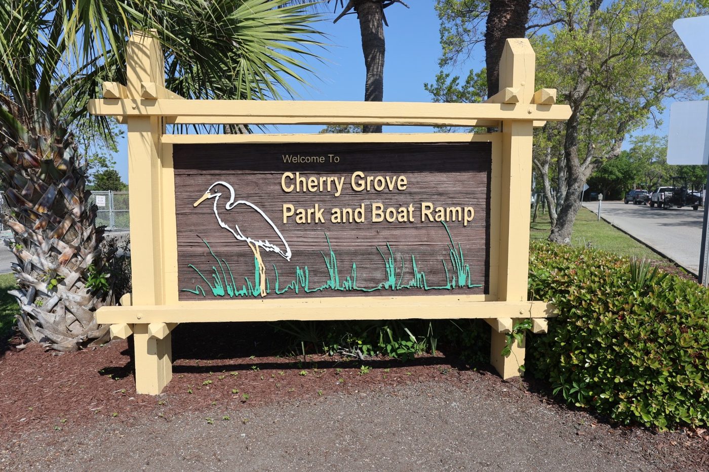 Welcome to Cherry Grove Park and Boat Ramp sign with heron