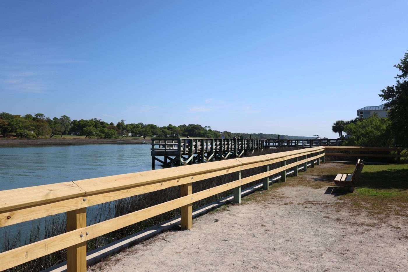 Waterfront railing and pier at Cherry Grove Park